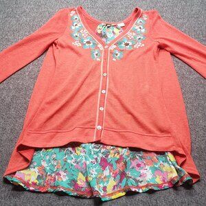 MISS ME Floral Embroidered Salmon Cardigan Sweater Small Beaded Button Down